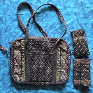 Vintage Vera Bradley Lot Of 3 USA Made Cotton Black Paisley Laptop Bag Wallet